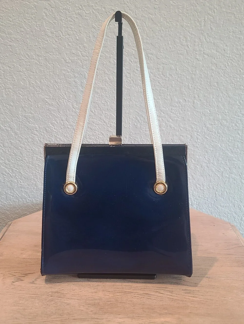 Vtg 1960s Navy & White Patent Color Block Structured Top Handle Handbag Mod Box